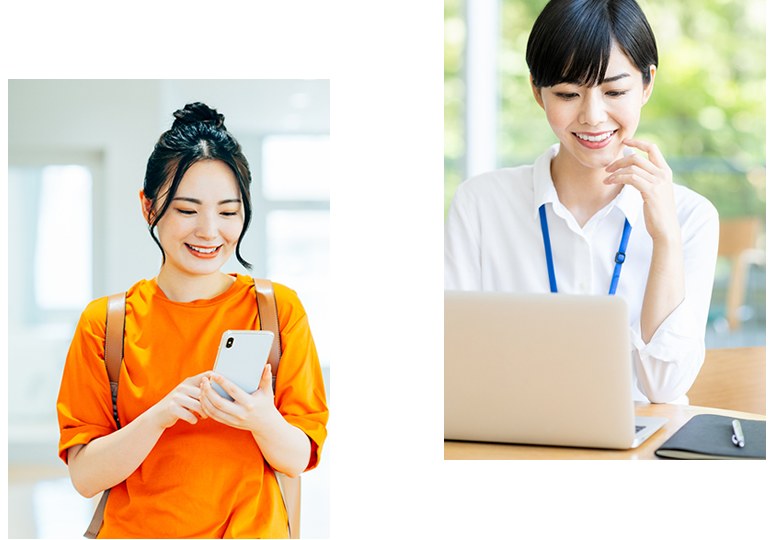 スマートフォンやノートパソコンを使って働くスタッフ